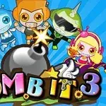 Farebné kreslené postavičky s robotickým vzhľadom okolo veľkej bomby a textu Bomb It 3 na modrom pozadí