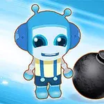 Modrý robot s anténkami stojí vedľa zapálenej bomby, pričom v pravom hornom rohu je veľká červená osmička