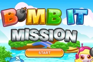 Farebný text s nápisom Bomb It Mission a tlačidlom Start na pozadí krajiny s vodou a oblohou