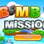 Farebný text s nápisom Bomb It Mission a tlačidlom Start na pozadí krajiny s vodou a oblohou