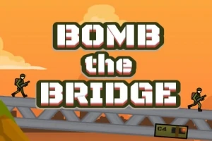 Nápis BOMB the BRIDGE s postavičkami vojakov, mostom a oranžovým pozadím