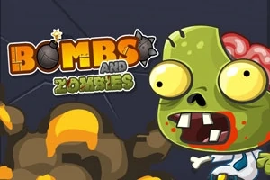 Kreslený zombie s vystupujúcimi očami a odhaleným mozgom vedľa nápisu „Bombs and Zombies“ na tmavomodrom pozadí