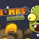 Kreslený zombie s vystupujúcimi očami a odhaleným mozgom vedľa nápisu „Bombs and Zombies“ na tmavomodrom pozadí