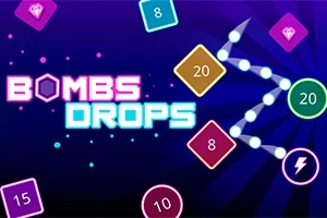 Farebný obrázok s nápisom Bombs Drops a geometrickými tvarmi s číslami na tmavomodrom pozadí