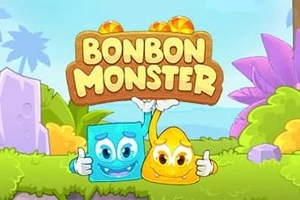 Dvaja farební kreslení príšerkovia s úsmevom stojaci na tráve, s nápisom Bonbon Monster nad nimi