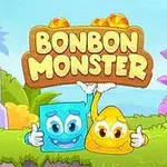 Dvaja farební kreslení príšerkovia s úsmevom stojaci na tráve, s nápisom Bonbon Monster nad nimi