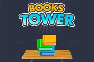 Nad dreveným stolom sú naskladané farebné knihy pod výrazným nápisom Books Tower