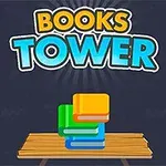 Nad dreveným stolom sú naskladané farebné knihy pod výrazným nápisom Books Tower