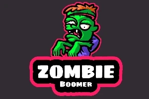 Zelený kreslený zombie postava s oranžovými vlasmi a nápisom ZOMBIE BOOMER na tmavom pozadí
