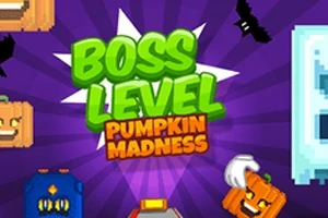 Nápis Boss Level Pumpkin Madness na fialovom pozadí s pixelovými grafikami tekvíc, netopierov a iných objektov
