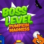 Nápis Boss Level Pumpkin Madness na fialovom pozadí s pixelovými grafikami tekvíc, netopierov a iných objektov