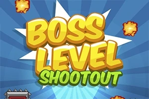 Nápis Boss Level Shootout vo farebnom, kreslenom štýle s výbuchmi v pozadí