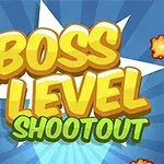 Nápis Boss Level Shootout vo farebnom, kreslenom štýle s výbuchmi v pozadí