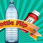 Plastová fľaša obklopená krabicou mlieka a fľašou kečupu s textom Bottle Flip na farebnom pozadí