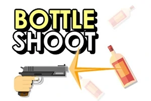 Ruka držiaca pištoľ mieri na letiacu fľašu s nápisom Bottle Shoot v pozadí