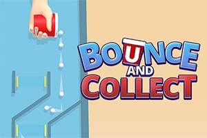 Ruka drží červený pohár a vylieva biele guličky na modré herné pole s odrazovými plochami vedľa názvu Bounce and Collect