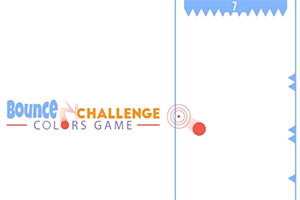 Biele minimalistické rozhranie s modrými ostňami po okrajoch, logom Bounce Colors Challenge a červenou guľou pri kruhovom terči