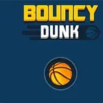 Nadpis Bouncy Dunk na modrom pozadí s oranžovou basketbalovou loptou pod ním