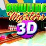 Farebná grafika s nápisom Bowling Masters 3D v popredí, s bowlingovými dráhami a zrazenými kolkami v pozadí