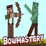 Postava s lukom a šípom mieri na zelenú monštruóznu bytosť vedľa horiacej pochodne, s nápisom Bowmastery dole