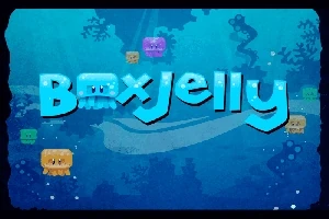 Modrý podmorský motív s nápisom BoxJelly a farebnými medúzkami na pozadí