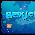 Modrý podmorský motív s nápisom BoxJelly a farebnými medúzkami na pozadí
