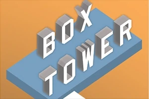Nápis BOX TOWER v 3D bielych písmenách na modrej platforme s oranžovým pozadím