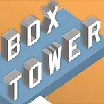 Nápis BOX TOWER v 3D bielych písmenách na modrej platforme s oranžovým pozadím