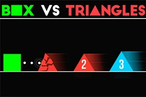 Zelený štvorec zráža červený a modrý trojuholník, doplnené o slovo BOX v zelenej a TRIANGLES v červenej farbe navrchu