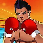 Muž s tmavými vlasmi a boxerskými rukavicami stojí v ringu na pozadí oranžovo-modrej scény