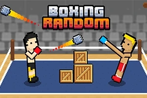 Dvaja pixeloví boxeri v ringu s nápisom Boxing Random nad nimi a drevenými debnami na ihrisku