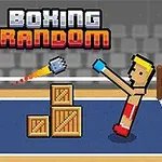Dvaja pixeloví boxeri v ringu s nápisom Boxing Random nad nimi a drevenými debnami na ihrisku