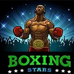 Kreslený boxer s červenými rukavicami a zlatým opaskom stojí pred oslavujúcim davom, nad ktorým je nápis BOXING STARS