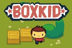 Dve drevené debny, postavička s hnedými vlasmi a červeným tričkom na zelenej lúke s nápisom BOXKID