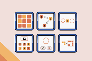Šesť štvorcových panelov s matematickými a geometrickými úlohami na svetlohnedom pozadí