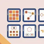 Šesť štvorcových panelov s matematickými a geometrickými úlohami na svetlohnedom pozadí