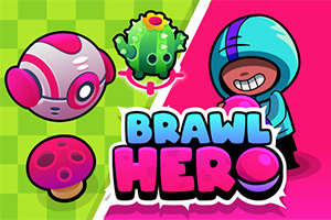 Farebne kreslená ilustrácia s postavičkou v modrej kapucni, lietajúcim robotom, zelenou príšerou, hubou a nápisom Brawl Hero