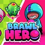 Farebne kreslená ilustrácia s postavičkou v modrej kapucni, lietajúcim robotom, zelenou príšerou, hubou a nápisom Brawl Hero