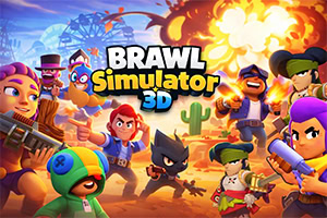 Farebný akčný plagát s viacerými kreslenými postavami v púštnej krajine s kaktusom, výbuchom v pozadí a veľkým nápisom „BRAWL Simulator 3D uprostred