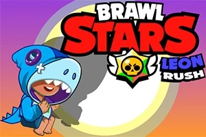 Modro oblečená kreslená postavička s kapucňou v tvare dinosaura sedí vedľa veľkého nápisu Brawl Stars na viacfarebnom pozadí