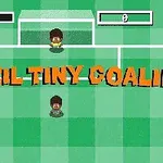 Dvaja kreslení hráči na futbalovom ihrisku s veľkým nápisom Brazil Tiny Goalie