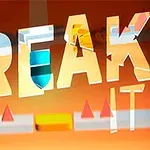 Na oranžovom pozadí je veľký nápis BREAK IT s hrou siluet a geometrických tvarov