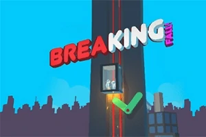 Nápis BREAKING FALL nad výťahom na mrakodrape s mestom v pozadí