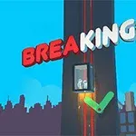 Nápis BREAKING FALL nad výťahom na mrakodrape s mestom v pozadí