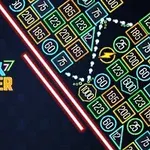 Farebný neónový text a geometrické vzory s číslami a čiarami na tmavomodrom pozadí