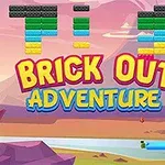 Farebné tehličky nad nápisom Brick Out Adventure na pozadí sfarebných kopcov a jazera