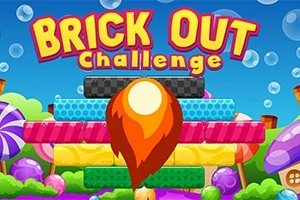 Farebná ilustrácia s nápisom Brick Out Challenge nad stohom farebných tehál s oranžovým plameňom uprostred, obklopená pestrofarebnými cukríkmi a bublinami na modrom pozadí