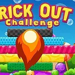 Farebná ilustrácia s nápisom Brick Out Challenge nad stohom farebných tehál s oranžovým plameňom uprostred, obklopená pestrofarebnými cukríkmi a bublinami na modrom pozadí