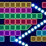 Farebné geometrické bloky a biele svetelné gule na tmavomodrom pozadí