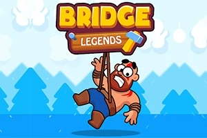 Kreslená postava s bradou visí na nápise BRIDGE LEGENDS na pozadí modrých stromov